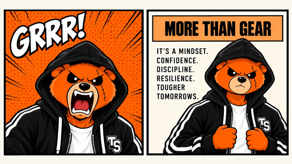 Comic spread: BO roars GRRR!, and 'More than gear: it's a mindset. Confidence. Discipline. Resilience. Tougher tomorrows.'