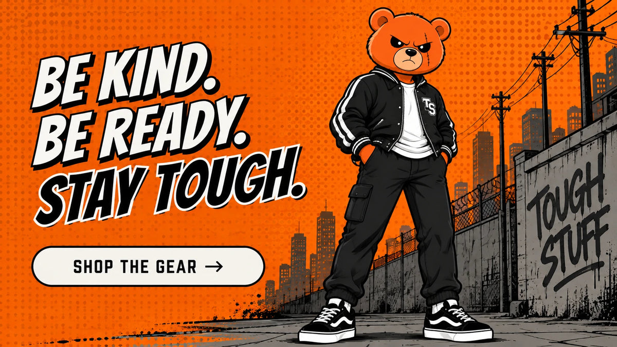 BO standing in the city: Be kind. Be ready. Stay tough. Shop the gear.